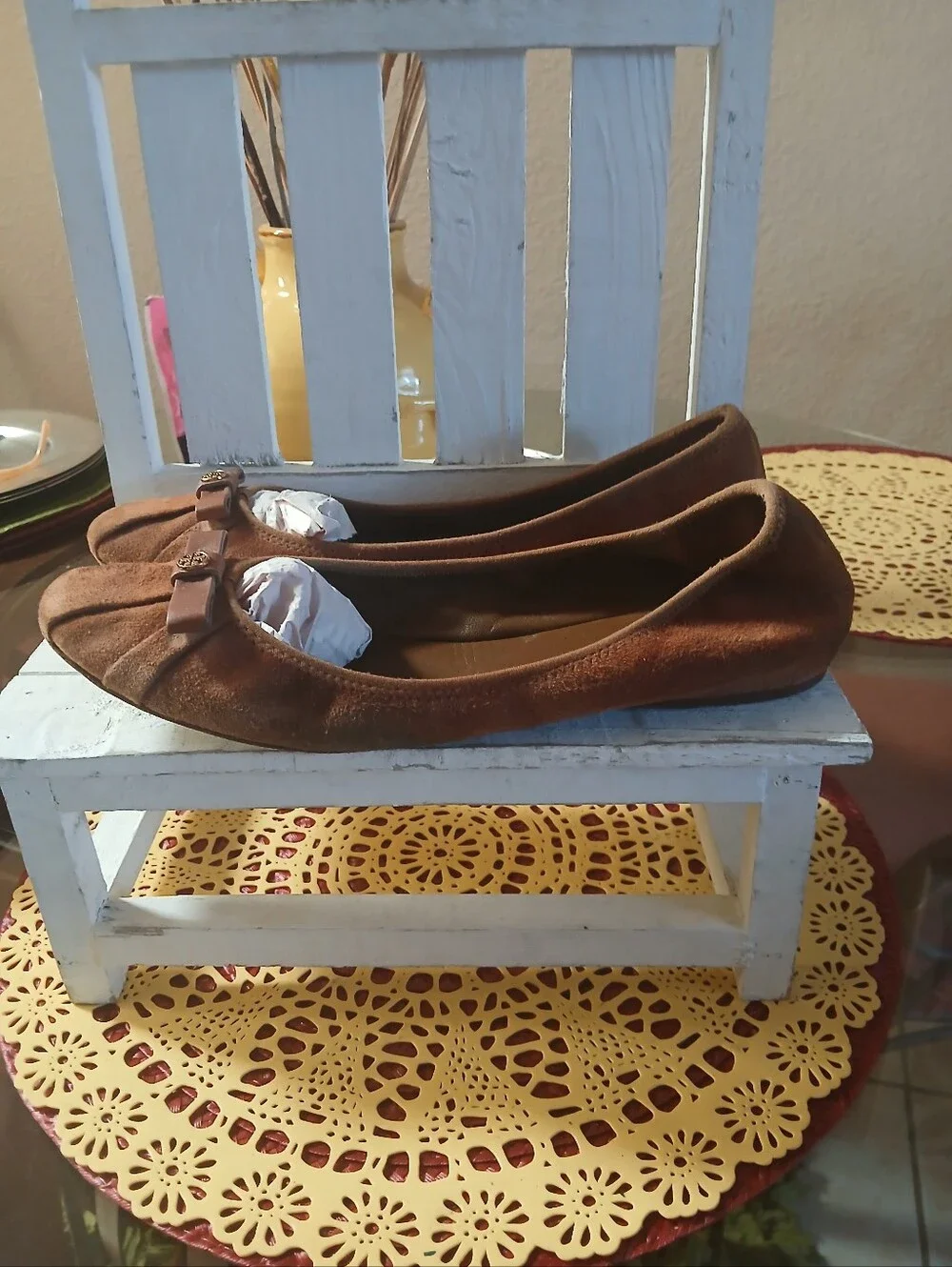 Tory Burch Chestnut Suede Ballet Flats with Leather Logo Bow.